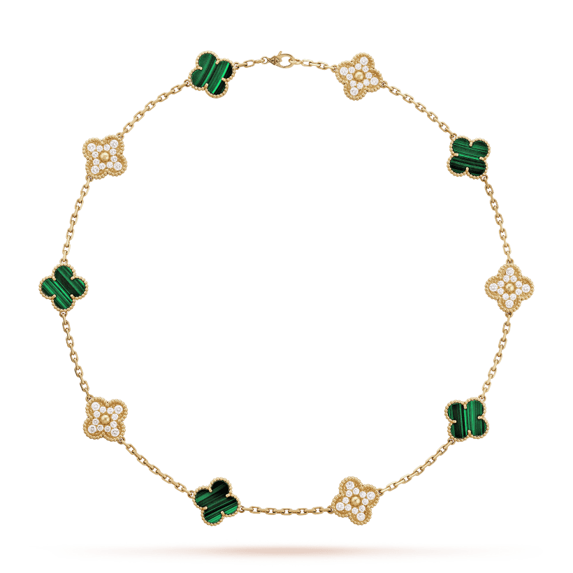 Vintage Alhambra Malachite Diamonds 10 Motifs Necklace