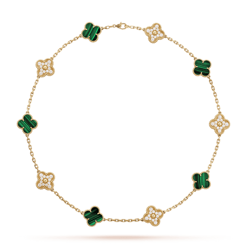 Vintage Alhambra Malachite Diamonds 10 Motifs Necklace