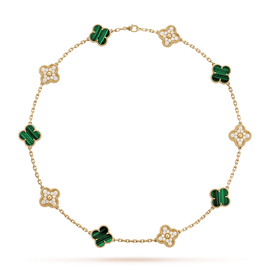 Vintage Alhambra Malachite Diamonds 10 Motifs Necklace