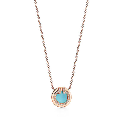 T Diamond & Turquoise Circle Pendant Necklace