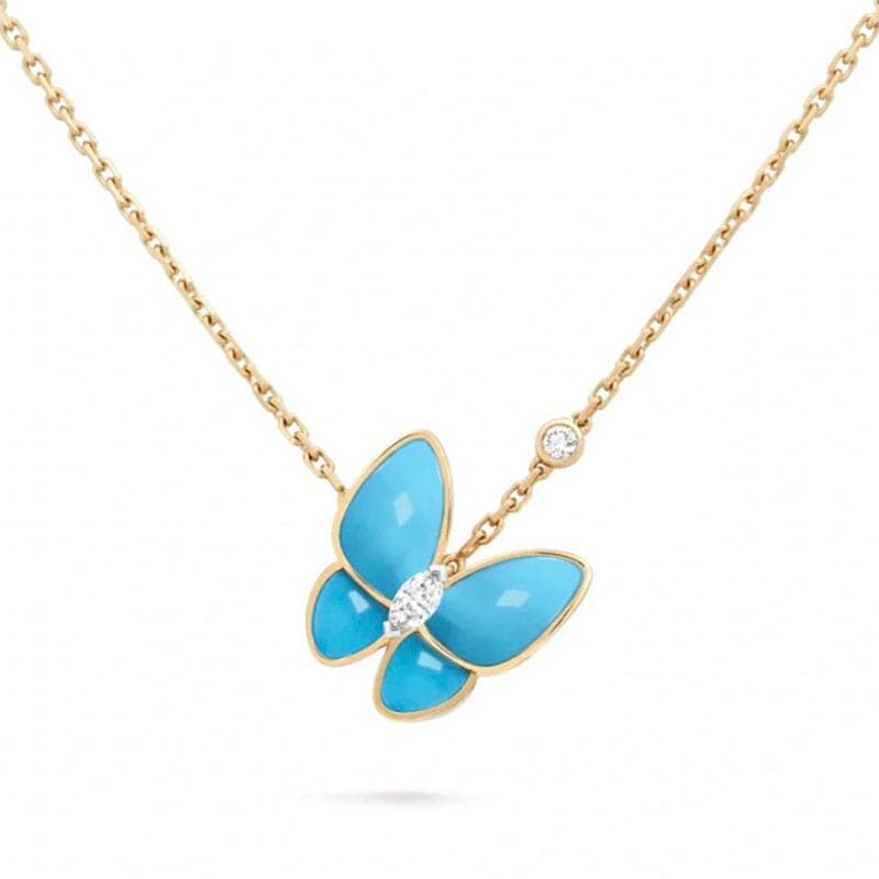 Two Butterfly Pendant with Diamond & Turquoise Necklace