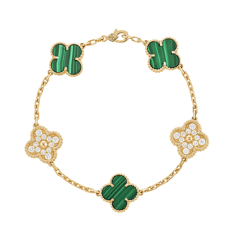 Vintage Alhambra Five Motifs Malachite Diamonds Clover Bracelet