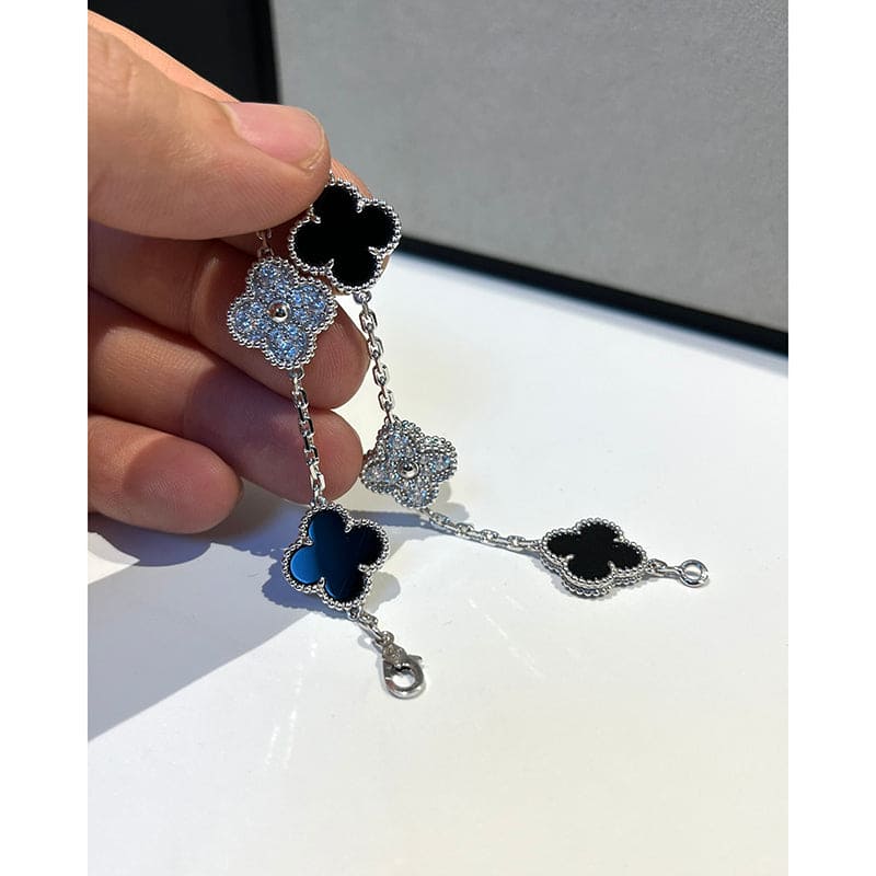 Vintage Alhambra Five Motifs Black Diamonds Clover Bracelet