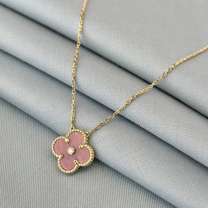 CLOVER RHODONITE 1 DIAMOND NECKLACE
