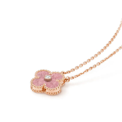 CLOVER RHODONITE 1 DIAMOND NECKLACE