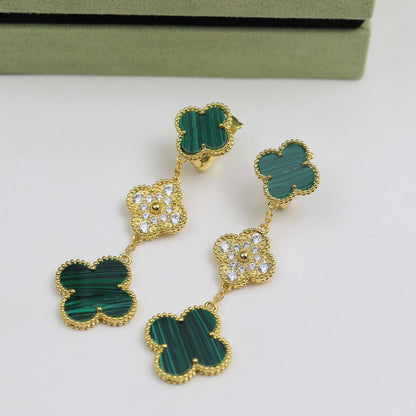 Magic Alhambra Three Malachite Motifs Clover Earrings