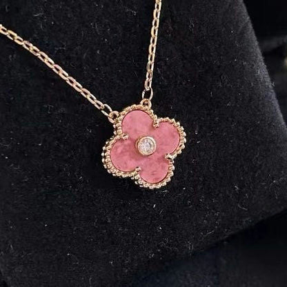 CLOVER RHODONITE 1 DIAMOND NECKLACE